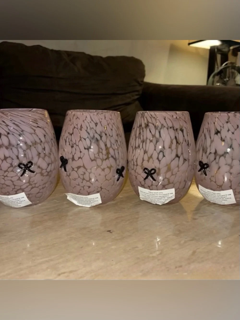 Set of 4 Pink Confetti Stemless Wine Glasses with‎ Black Coquette Bow Icons NEW